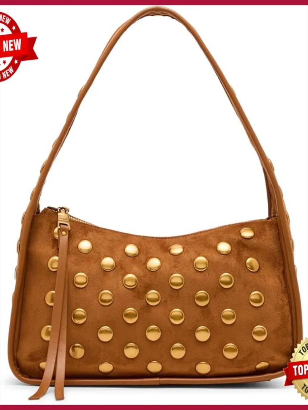 Studded Faux Leather Hobo Bag with Zipper Closure